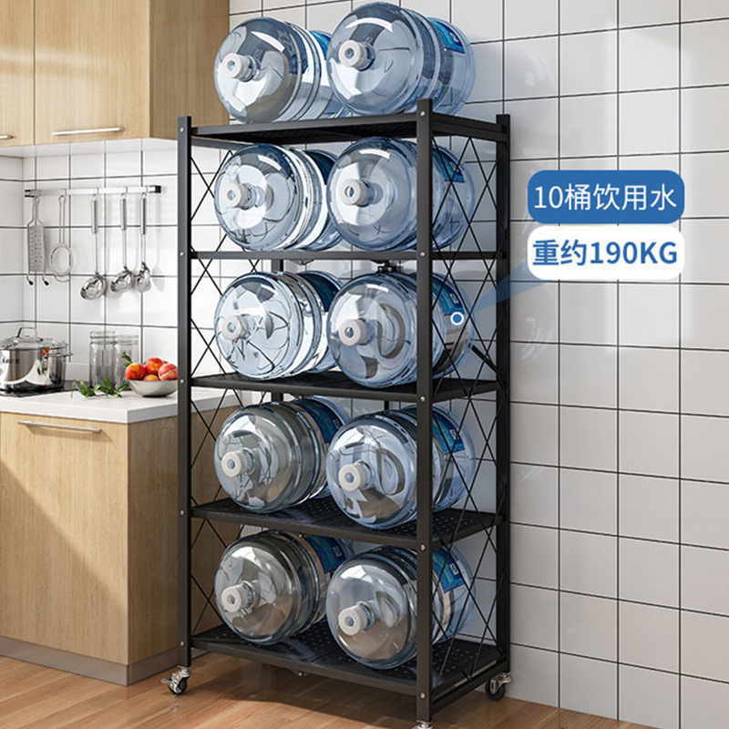 Storage bucket storage rack, floor-to-ceiling iron art wheeled folding storage rack, living room bookcase, installation-free removable bookshelf