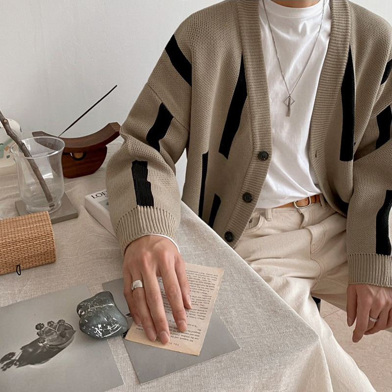 MYQ Knitted Cardigan Jacket Men's Autumn and Winter New Loose Trendy Sweater Korean Style Lazy Wind Outer Threading Jacket