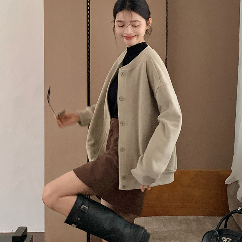 Morishima Autumn and Winter Solid Color Polar Fleece Button Cardigan Women's Korean Warm Long Sleeve Top Versatile and Slim
