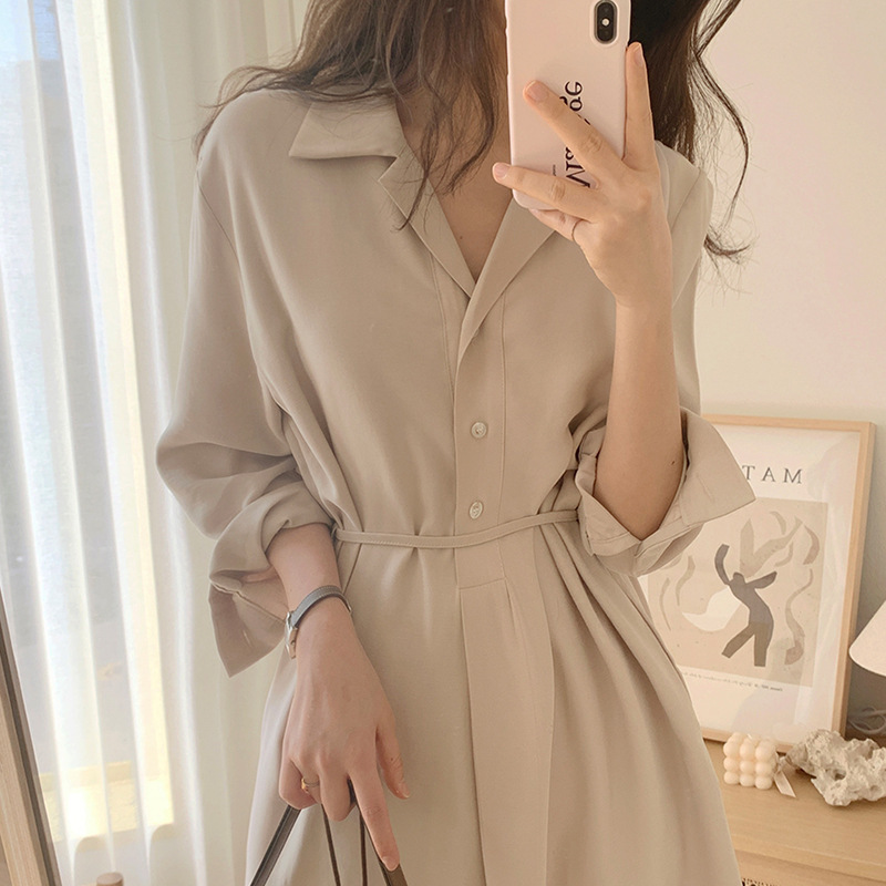 Korean chic minimalist versatile lapel single-breasted lace-up waist and hem slit shirt dress for women