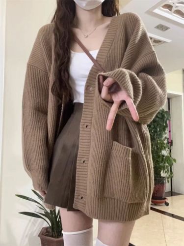 High-end gray lazy style knitted sweater jacket cardigan for women 2024 new early spring and autumn mid-length top
