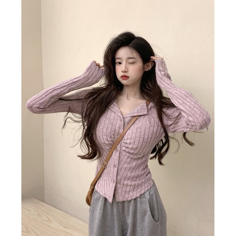 Pleated slim-fit gray sweater long-sleeved bottoming shirt autumn new women's autumn and winter sweater with cardigan top
