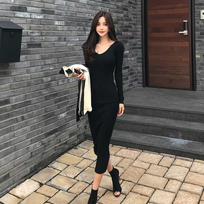Foreign trade women's clothing 2024 autumn and winter new Korean style V-neck tight mid-length stretch knit bottoming hip skirt dress