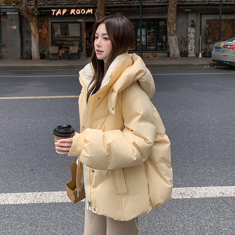 2024 Winter New Cotton Clothes Women's Short Hooded Stitching Contrast Color Thickened Bread Clothes Loose Jackets Trendy