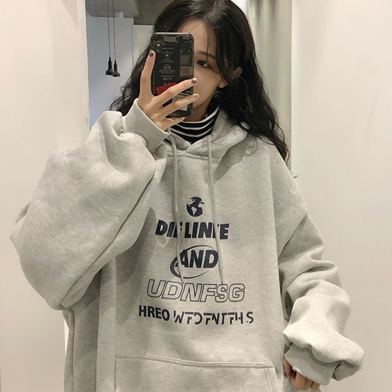 Cross-border autumn and winter new Korean style velvet thickened hooded sweatshirt women's trendy ins loose top student versatile outer wear