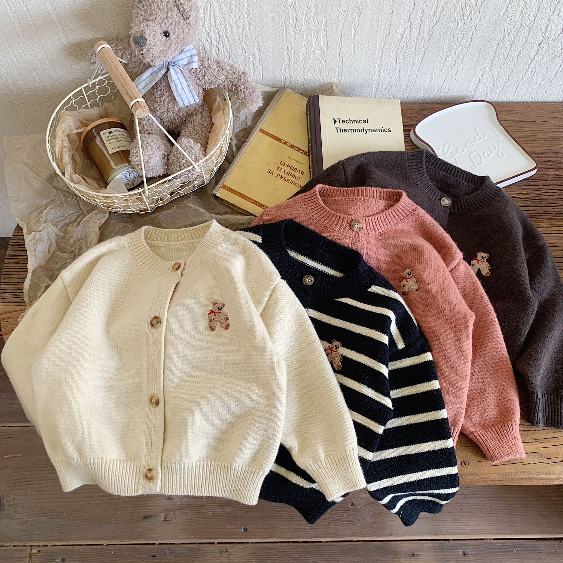 Children's Bear Sweater Spring and Autumn New Boys' Spring Striped Knitted Cardigan Girls' Embroidered Round Neck Wool Jacket