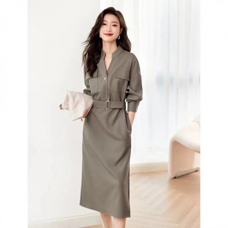 [French Style Commuting Dress] Autumn Style V-neck Waist Slimming Shirt Women's Dress