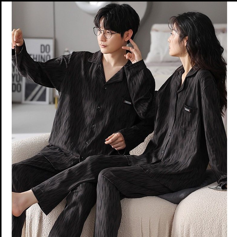 New Spring and Autumn Couple Pajamas Women's Autumn Pure Cotton Cardigan Men's Lapel Long Sleeves Long Pants Home Clothing Suit Home