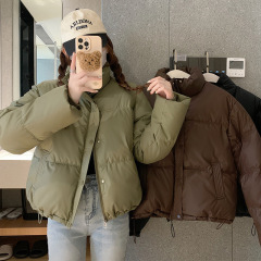 Korean style disposable pu leather short cotton coat for women 2024 winter new style small loose stand-up collar bread coat trendy