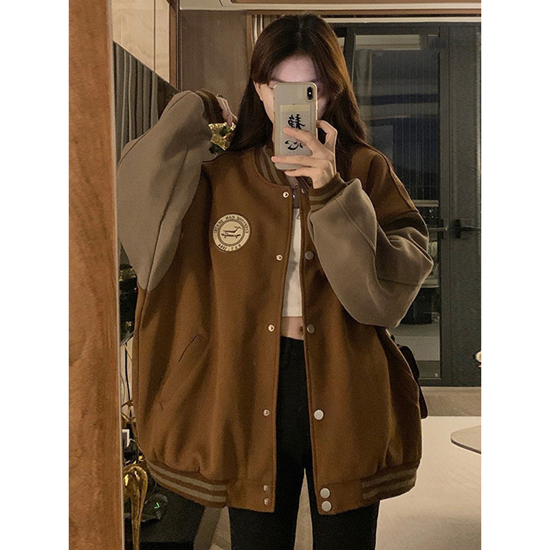 American retro baseball uniform jacket for women 2024 autumn and winter new style small college style loose slim jacket top