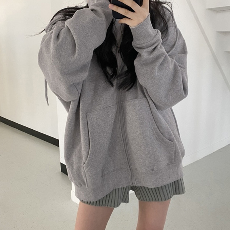 European and American cross-border foreign trade autumn and winter zipper hooded sweatshirt women's loose cardigan top thickened velvet solid color jacket