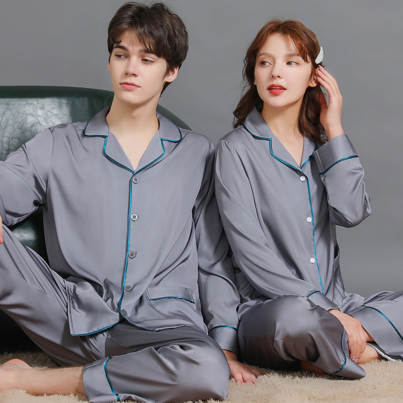 New couple silk pajamas for women spring and summer long-sleeved trousers thin casual men's ice silk home clothes set