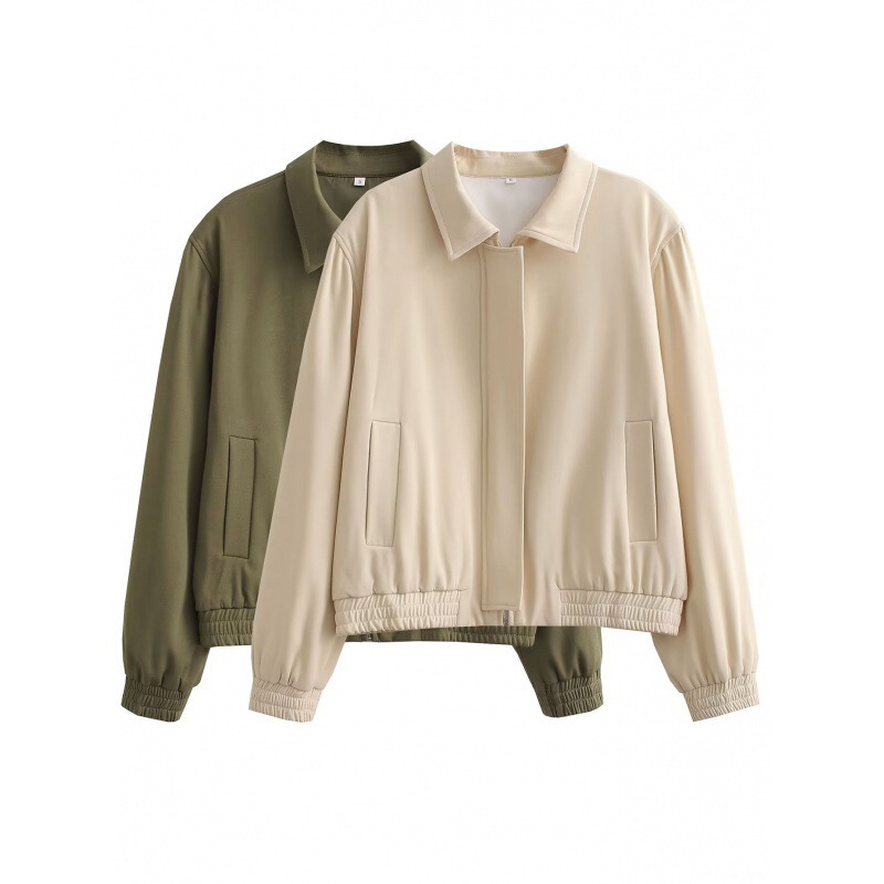 Foreign trade batch season new women's European and American style bomber jacket solid color lapel pocket stitching decoration
