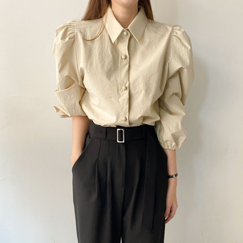 Korean chic French style puff sleeve lapel single-breasted loose solid color versatile long-sleeved shirt for women