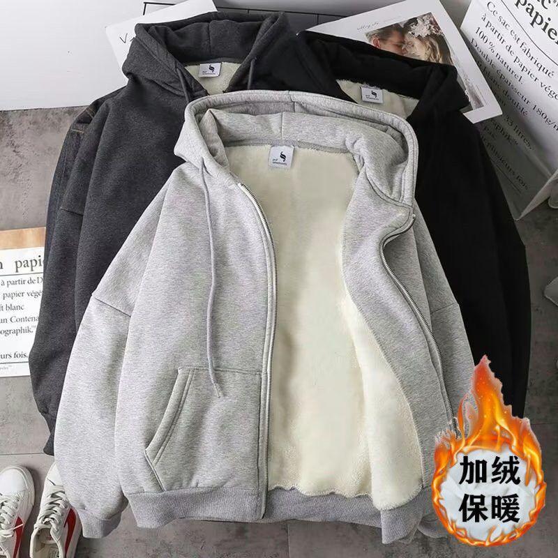 Wholesale autumn and winter cardigan sweatshirt for men plus velvet warm sports hooded casual jacket trendy loose jacket top clothes