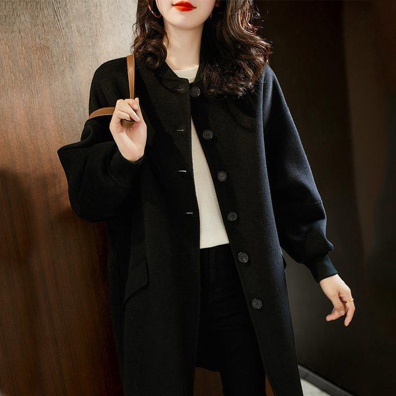 Black Woolen Coat Women's 2024 Autumn New Style Mid-Length Slim Fit Casual Versatile Woolen Coat