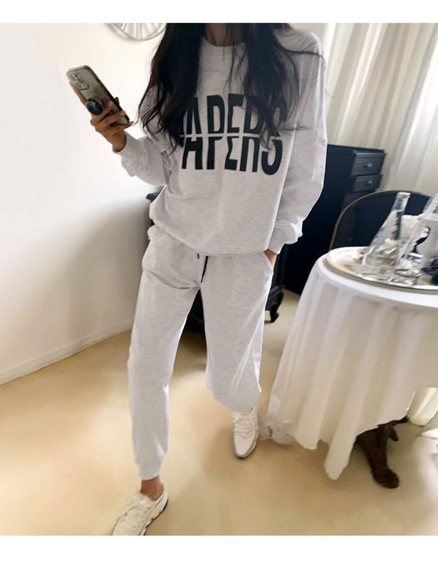 Gray casual sports suit for women, spring and autumn new style, loose, slim, western-style round neck sweatshirt and sweatpants two-piece set