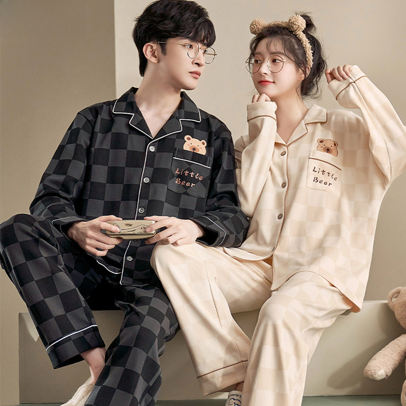 Couple Pajamas Women's Spring and Autumn Cartoon New Cardigan Long Sleeve Long Pants Men's Home Clothes Can Be Weared Outer Suits Wholesale