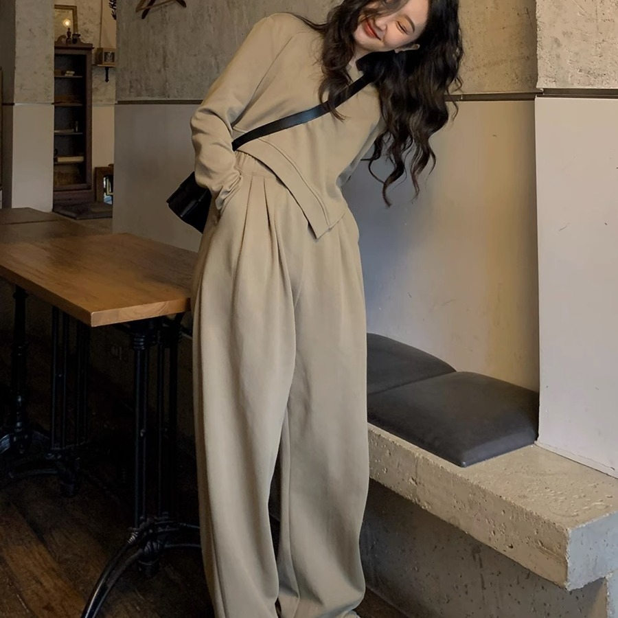 Khaki American loose sports suit for women in autumn new style lazy irregular sweatshirt casual two-piece set Western style