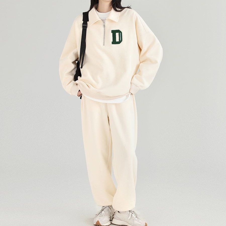 New waffle sports casual versatile high-end Polo collar loose slim sweatshirt fashion suit for women