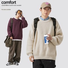 Heavy-weight thick-needle textured sweater for men in autumn and winter basic solid color loose round neck sweater sweater jacket