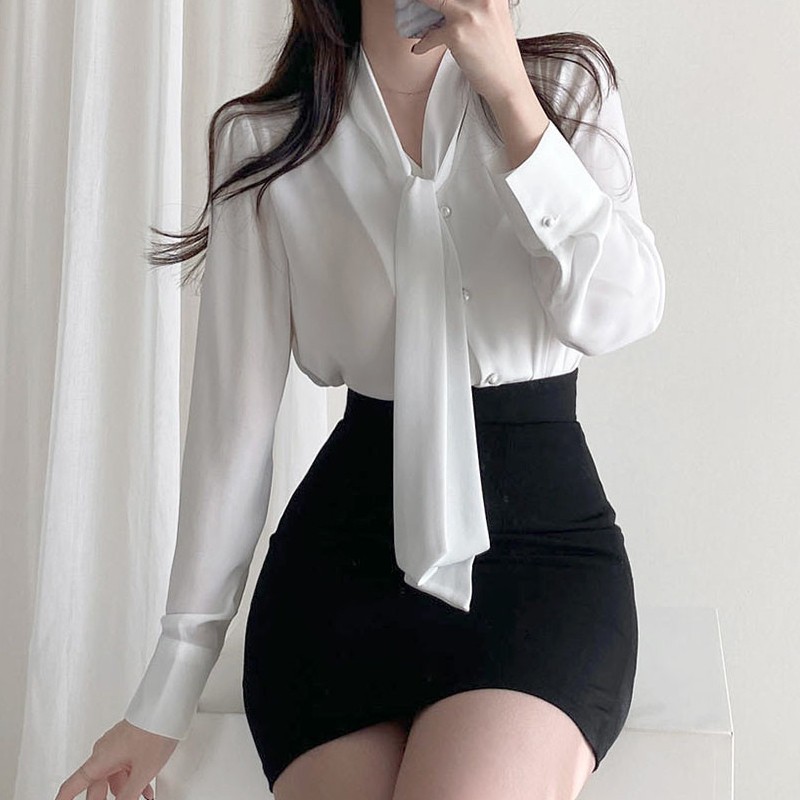 Bow tie long-sleeved shirt for women 2024 autumn new design French top loose retro white shirt