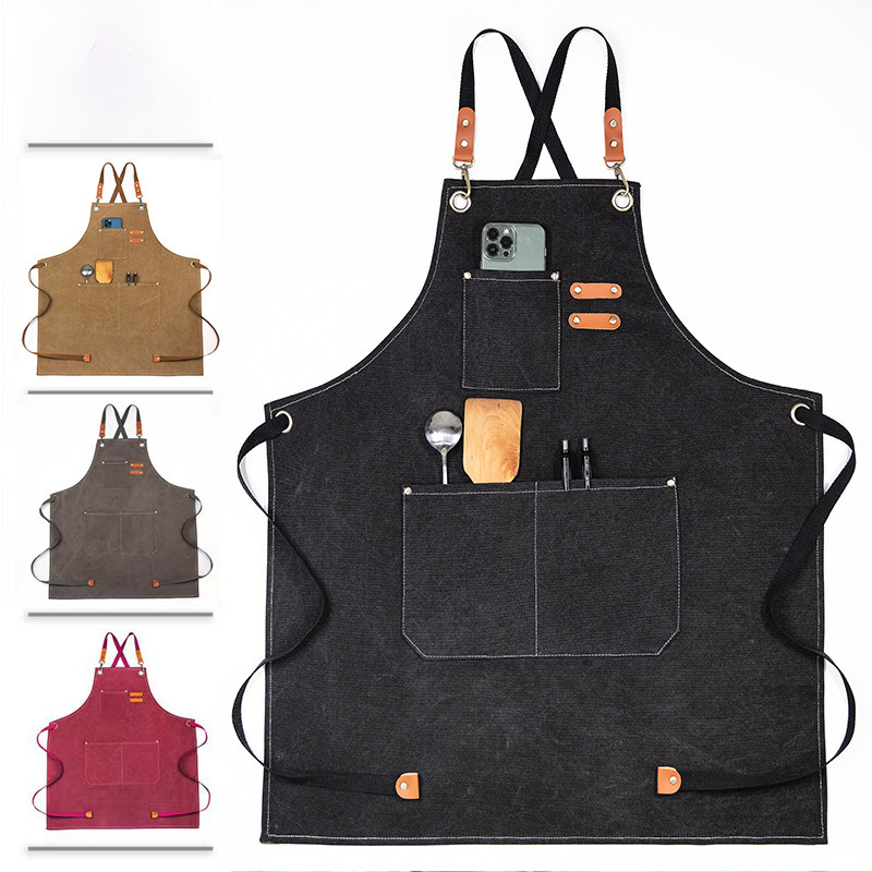 Wholesale oil-proof canvas apron cotton home milk tea coffee shop kitchen gardening work denim apron with printing