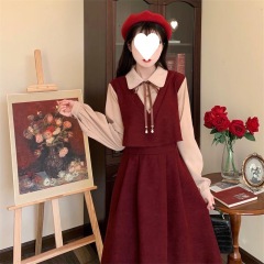 Spring, Autumn and Winter New College Style Shirt Spliced ​​Fake Two-piece Long Skirt Hepburn Style Retro Dress Student Independent Station