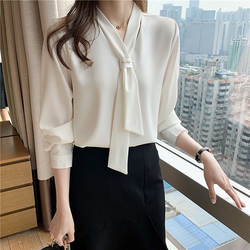 Real shot of autumn new Korean style loose bow professional white chiffon shirt women's tops temperament OL