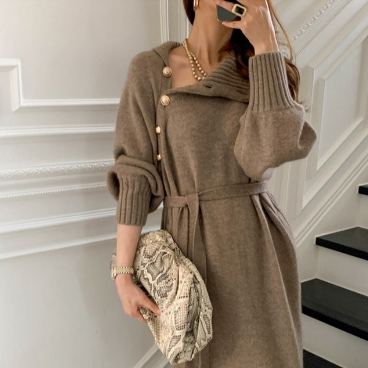 Japanese and Korean lace-up waist knitted dress autumn and winter new style loose slimming versatile turtleneck long sweater for women