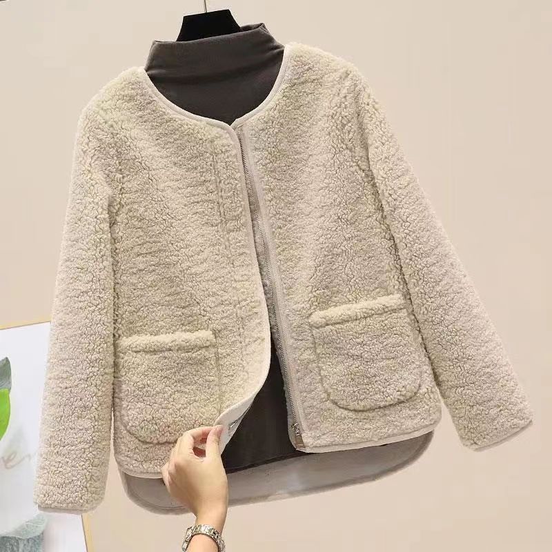 Autumn and winter new style imitation lamb wool small fragrant style women's jacket customized versatile Korean style loose short round neck top