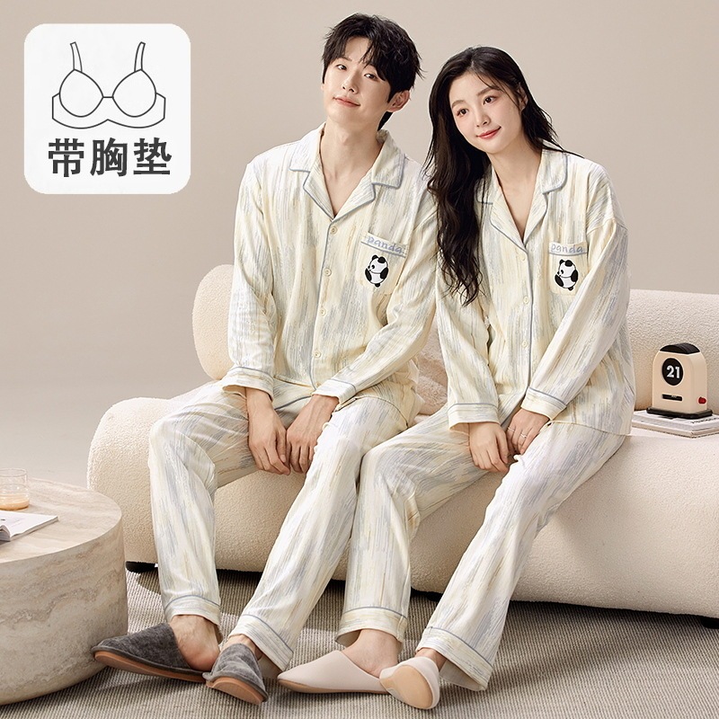 Couple Pajamas Women's Spring and Autumn Cardigan Lapel Casual Loose Winter Men's Large Size Home Clothes Set Can Be Weared Outside