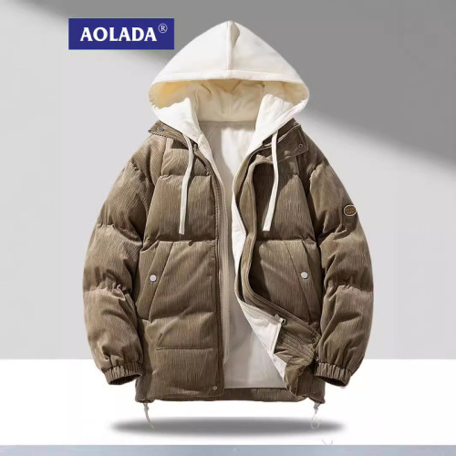 AOLADA cross-border fake two-piece warm thickened cotton coat autumn and winter trendy brand hooded couple casual bread cotton coat