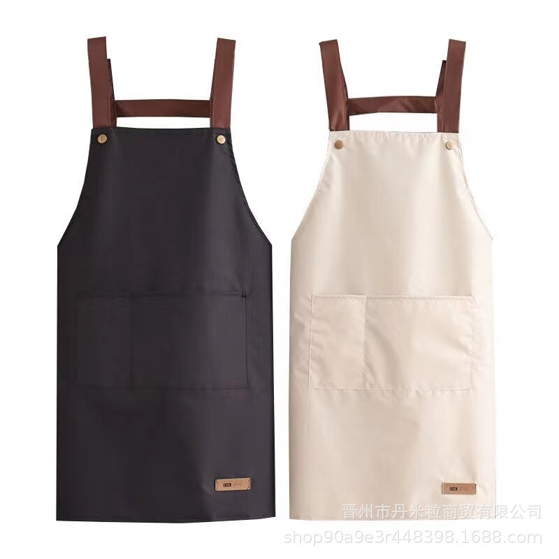Apron waterproof and oil-proof men's and women's kitchen cooking apron solid color simple straps large pocket restaurant work clothes enlarged
