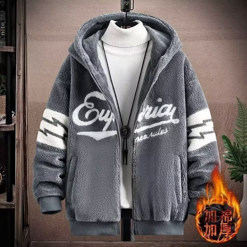 Teenage student sherpa jacket men's autumn and winter new trendy plus velvet thickened warm color matching top hoodie