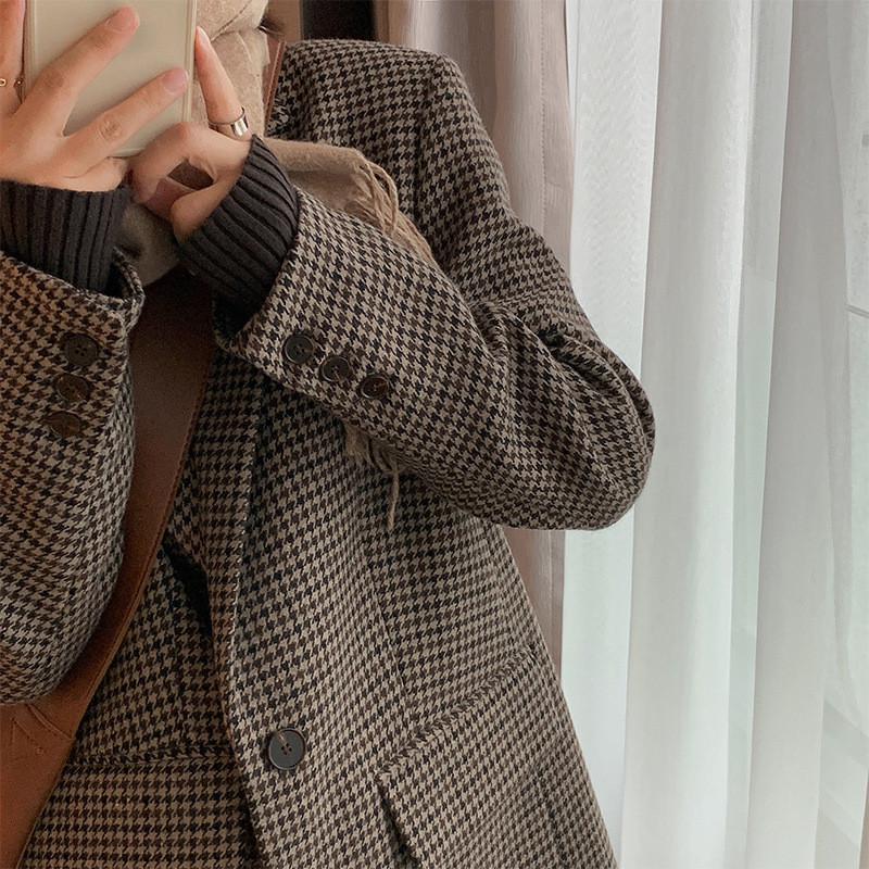 Plus size women's autumn and winter new fat mm slim suit Korean style retro British style woolen jacket for women