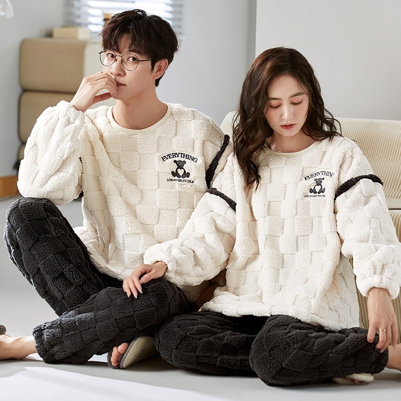 Couple Pajamas Women's Autumn and Winter Flannel Cute Cartoon Round Neck Pullover Teen Men's Home Clothes Coral Fleece