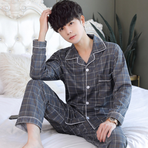 Pajamas for men, spring and autumn long-sleeved two-piece set, imitation cotton, young and middle-aged dads, large size men's home clothes, loose and can be worn outside