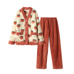 Autumn and winter pajamas for women plus velvet, thickened coral velvet, warm and loose, student home confinement clothing set wholesale