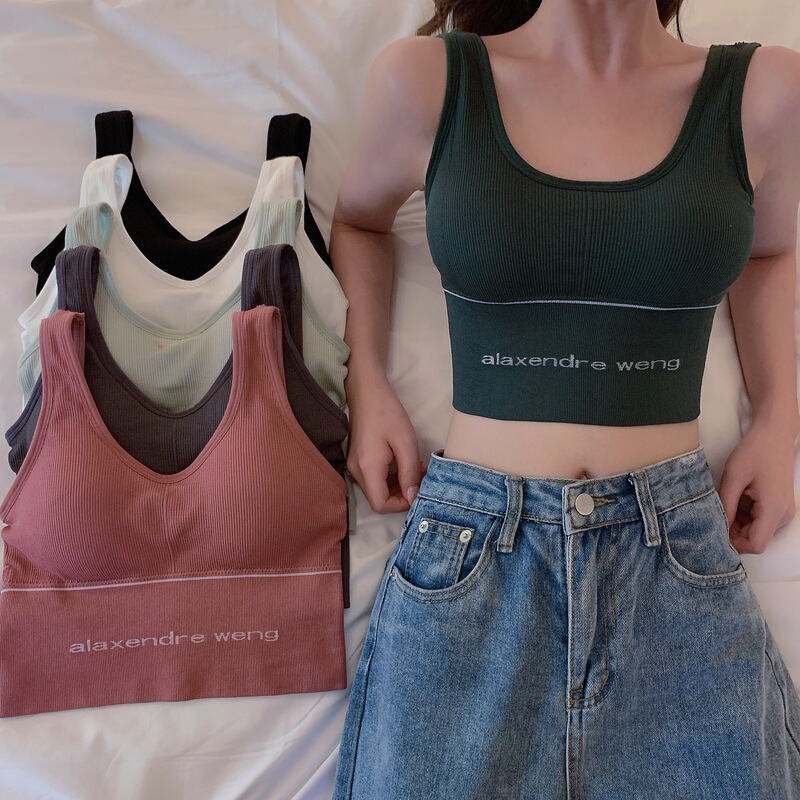 Internet celebrity Hyuna's same style as Dawang's beautiful back lettering chest-wrapped bottoming outer wear slim yoga shock-proof sports vest bra