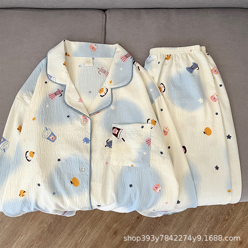 Two-piece pajamas for women with five-thread sewing technology, cloud cotton long-sleeved trousers, sweet girly style cardigan, home wear set