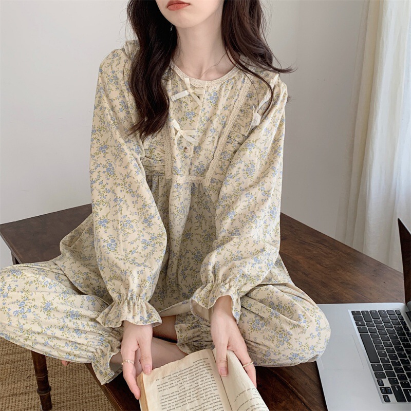 Korean version of pajamas corduroy floral sweet girl princess long-sleeved home wear nightgown autumn and winter new style