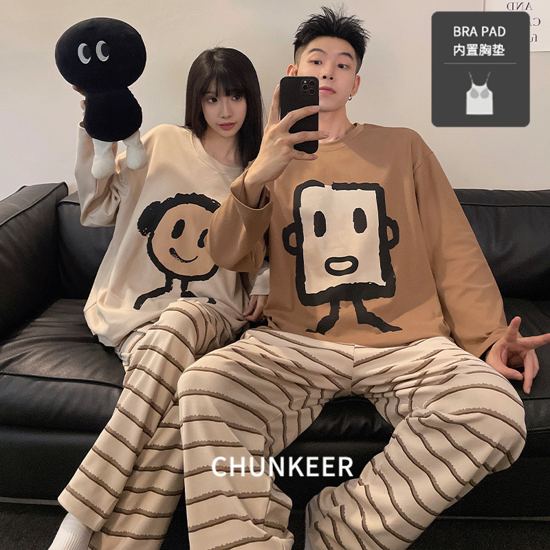 Autumn and winter couple pajamas women's long-sleeved trousers casual pullover Korean version cartoon with chest pad home wear suit for men