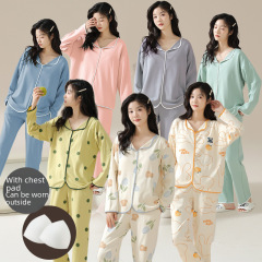 New Modal Pajamas Autumn and Winter Women's Long Sleeves with Breast Pads Can be Weared Outside Large Size Cotton Pajamas Home Clothes Suit for Girls