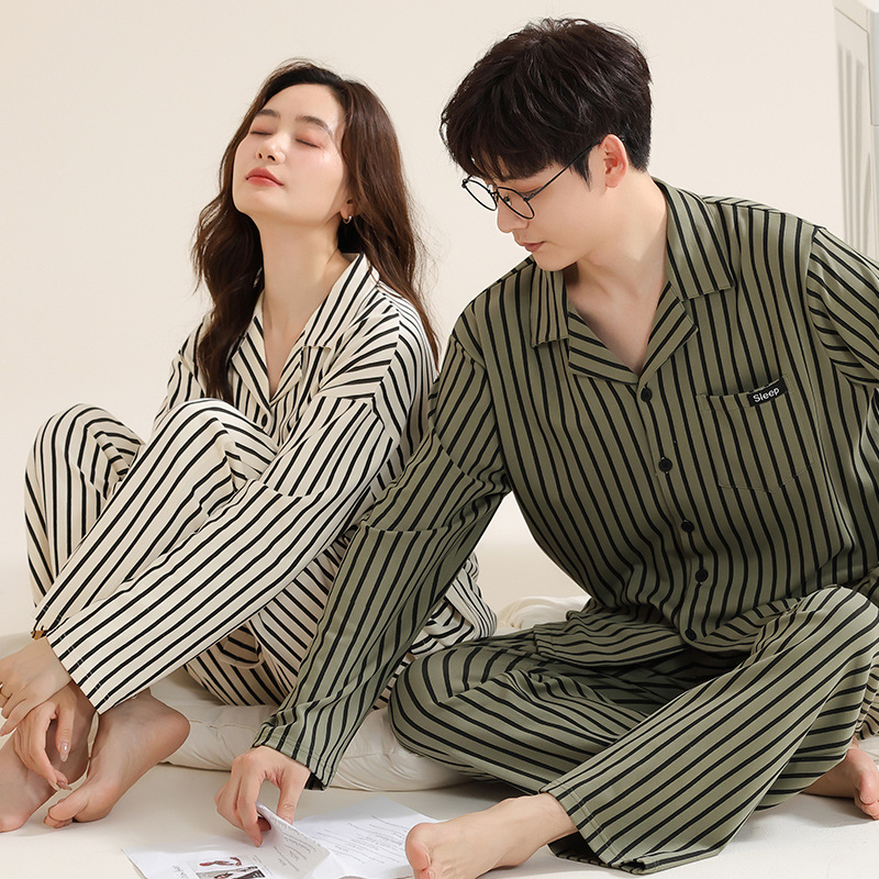 Antibacterial and anti-mite pure cotton couple pajamas for women spring and autumn long-sleeved cardigan autumn and winter casual men's home wear set