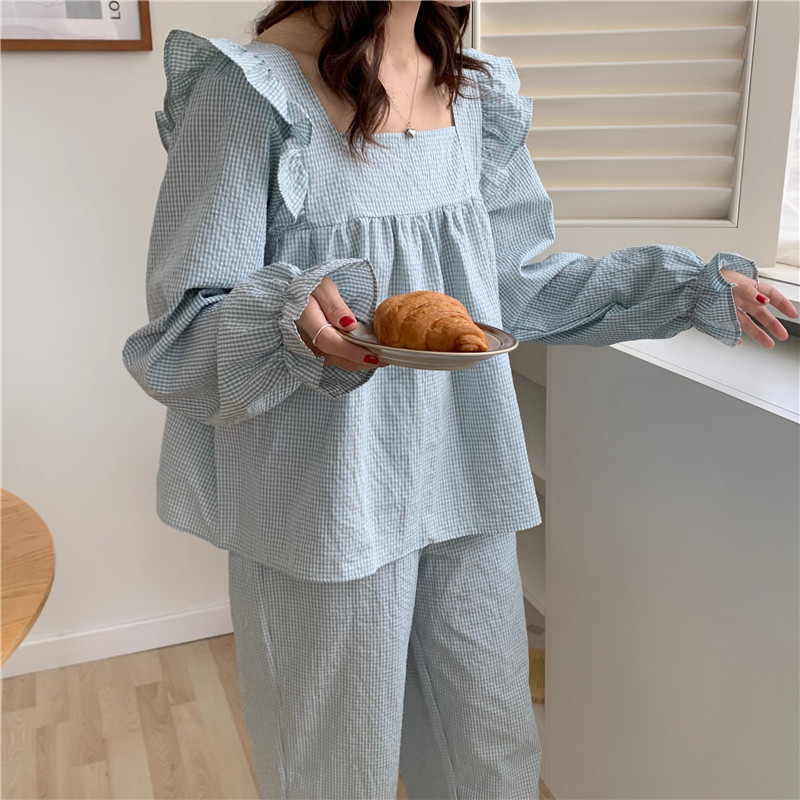 Pajama set Korean ins autumn new product small fresh fine plaid girl ruffled square collar long-sleeved home clothes