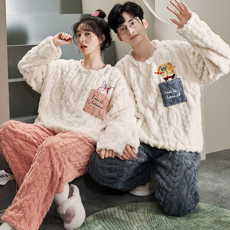 Coral velvet couple large size pajamas for women autumn and winter plus velvet thickened flannel couple pajamas home wear set live broadcast