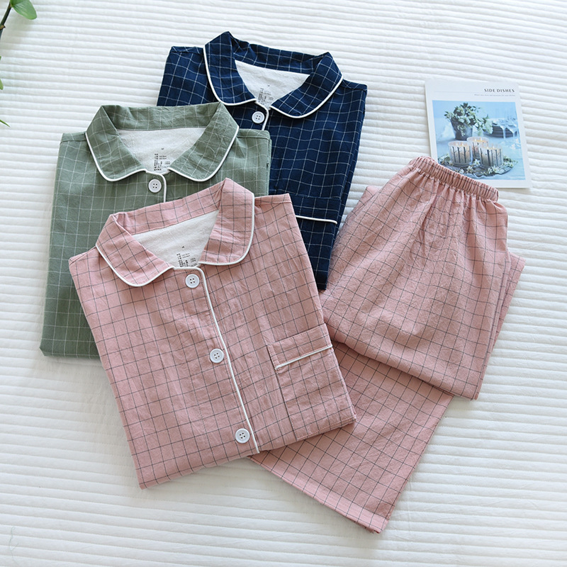 Japanese couple plaid cotton pajamas women's long-sleeved spring and summer thin washed cotton men's home wear suit large size