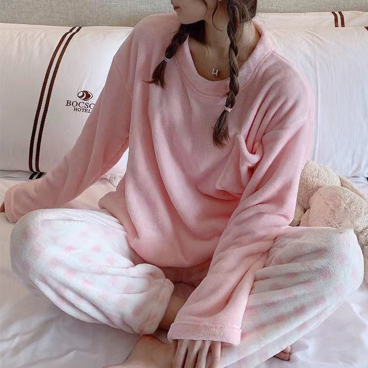 Simple round neck loose flannel pajamas for women autumn and winter plaid pants ins Korean version cross-border foreign trade warm home clothes