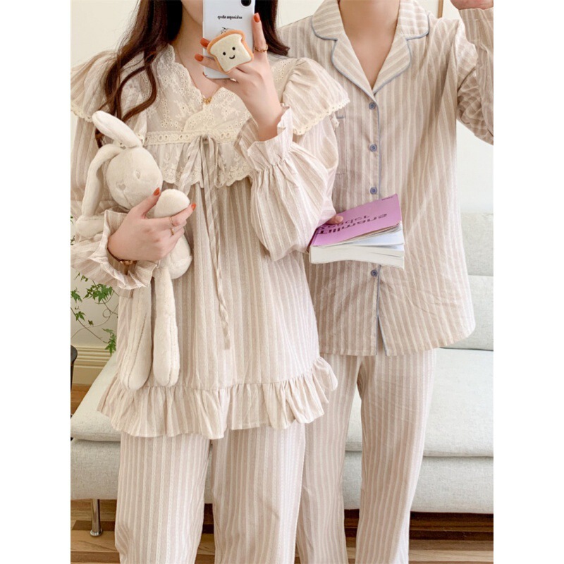 Real shot 2024 long-sleeved couple pajamas for women autumn new ins striped simple casual home wear set